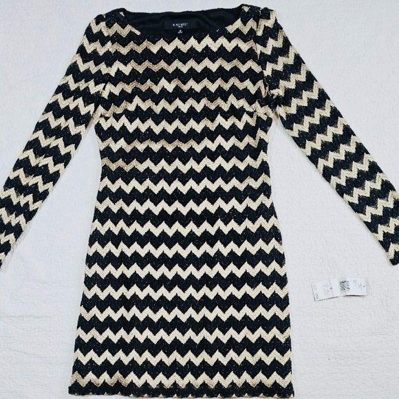 NWT Nine West Black and Gold Chevron Lace Cocktail Dress Size 6 - Picture 2 of 4